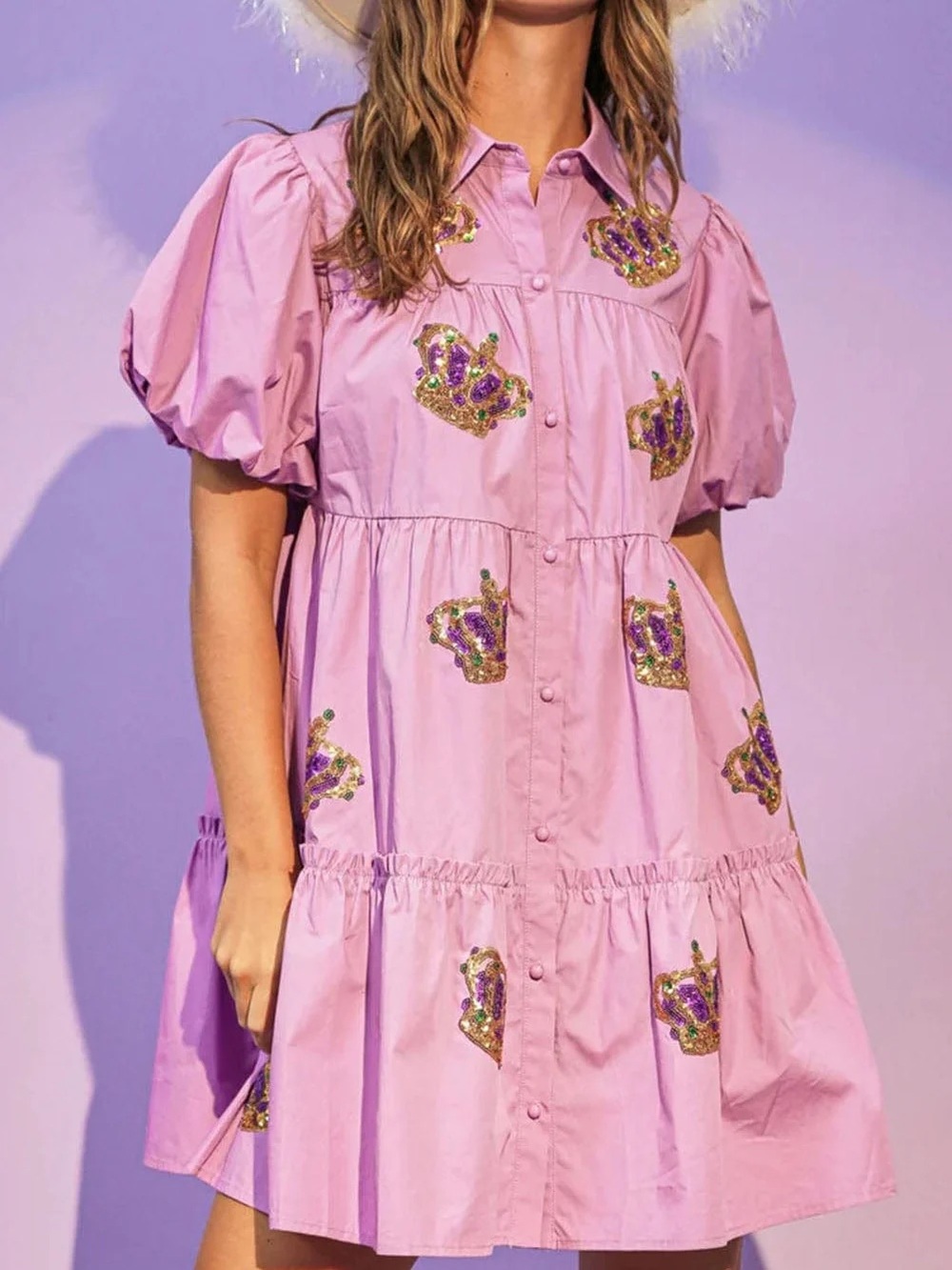 Lavender Embellished Crown Button-Front Dress - Picture 4 of 5